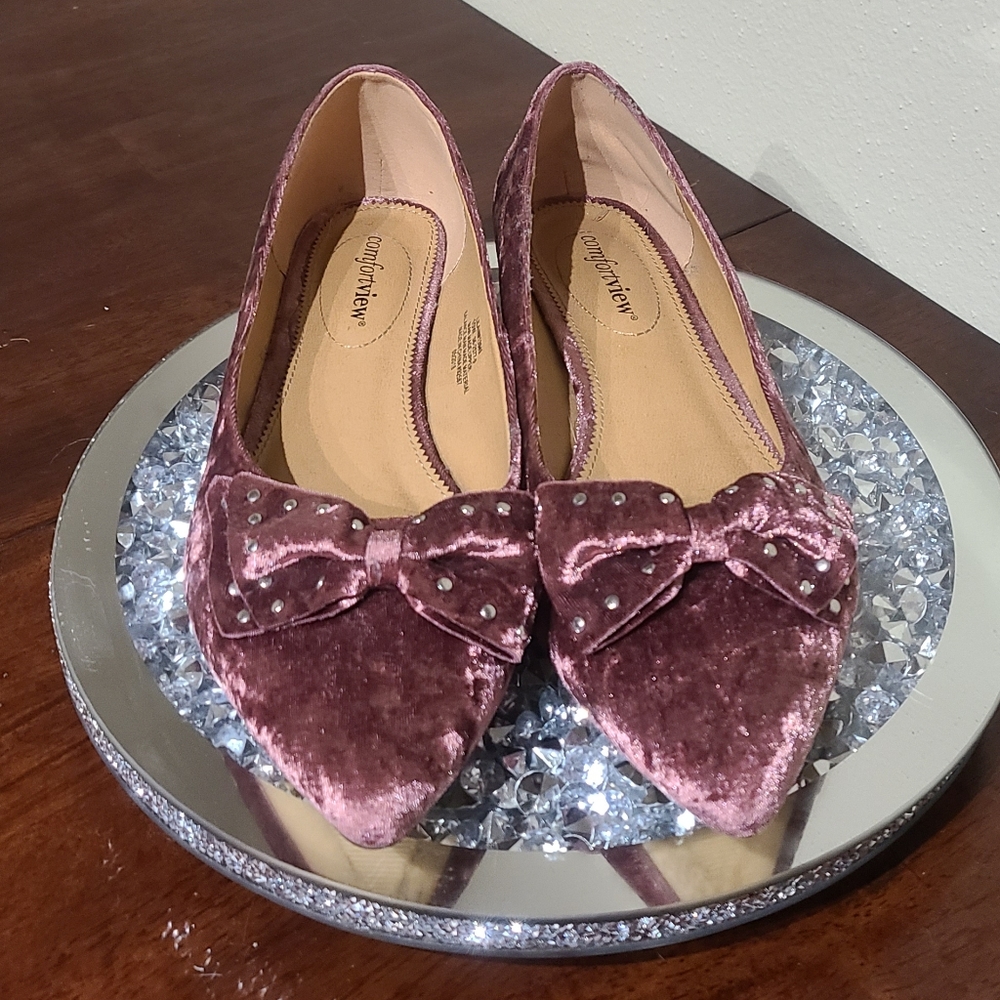 Pink velvet bow flats 10W